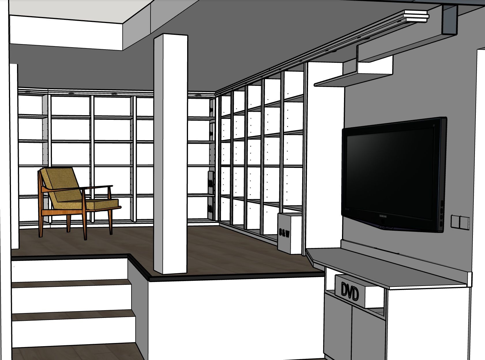 Bibliothèque sur mesure avec intégration home cinéma – Projet Sofia