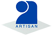 Logo bleu et gris de la marque ARTISAN. Une figure stylisée abstraite (semblable à un travailleur ou un chiffre 2) est posée sur une base en losange.