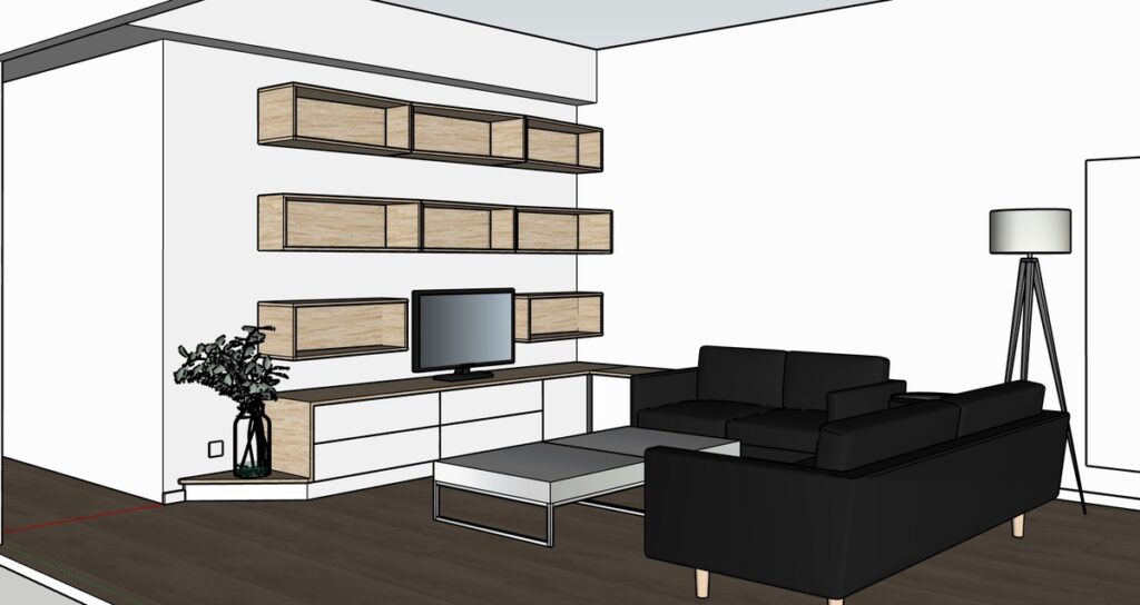 Projet Helena - Meuble TV, bibliothèque et entrée Projet Helena - Meuble TV, bibliothèque et entrée