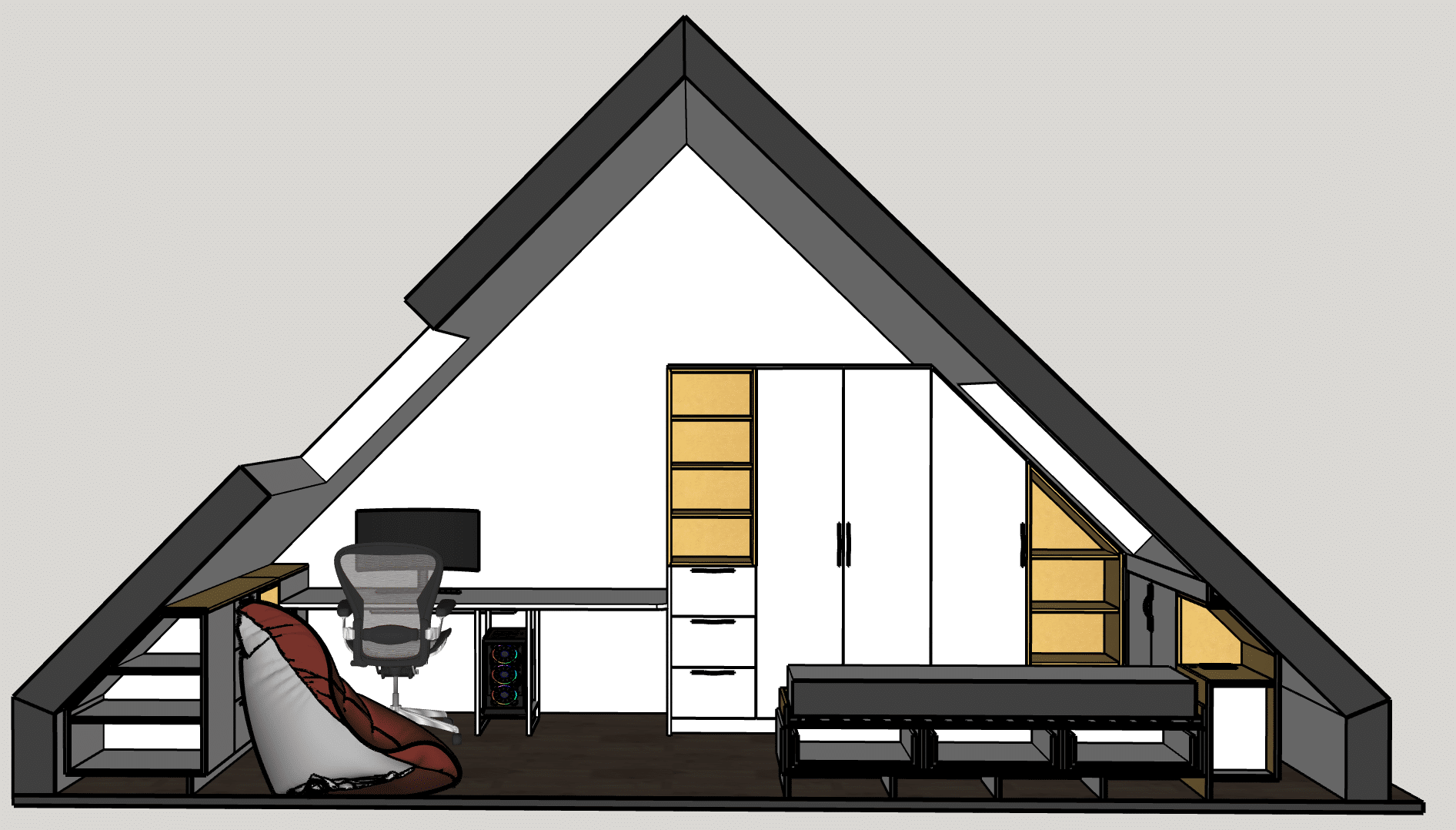 Coupe 3D d'une chambre sous combles avec bureau, chaise ergonomique et rangements sur mesure intégrés.