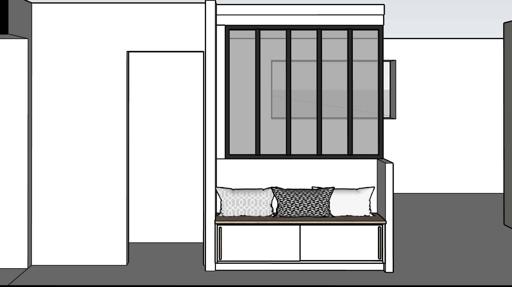 Croquis d'un banc d'entrée avec coussins sous une verrière intérieure style atelier, design minimaliste noir et blanc.