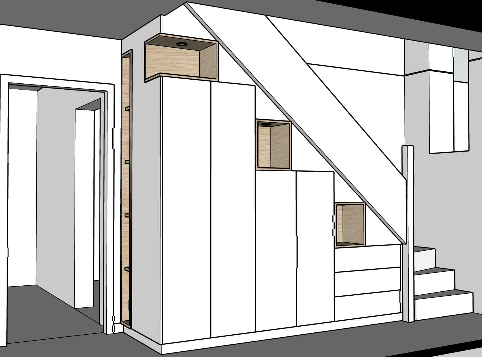 Meuble sous escalier blanc avec niches bois, design moderne et épuré pour optimiser l'espace intérieur.