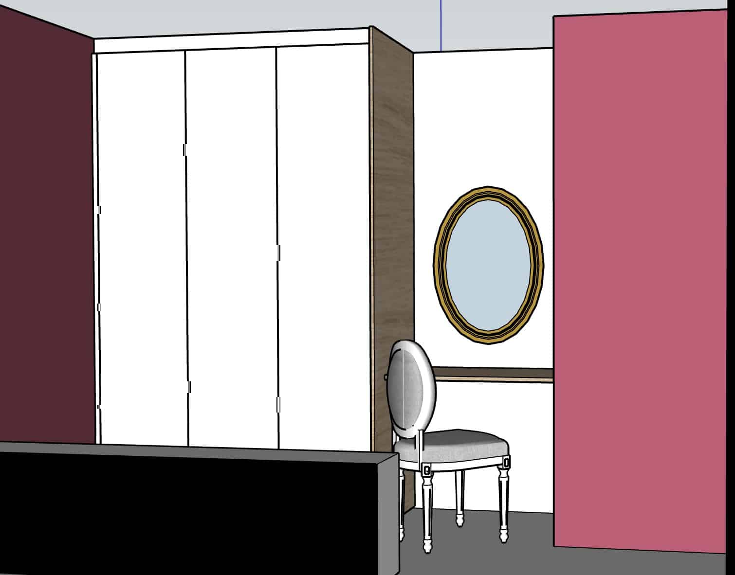 Armoire blanche à trois portes à côté d'un coin coiffeuse avec miroir ovale et chaise grise classique.