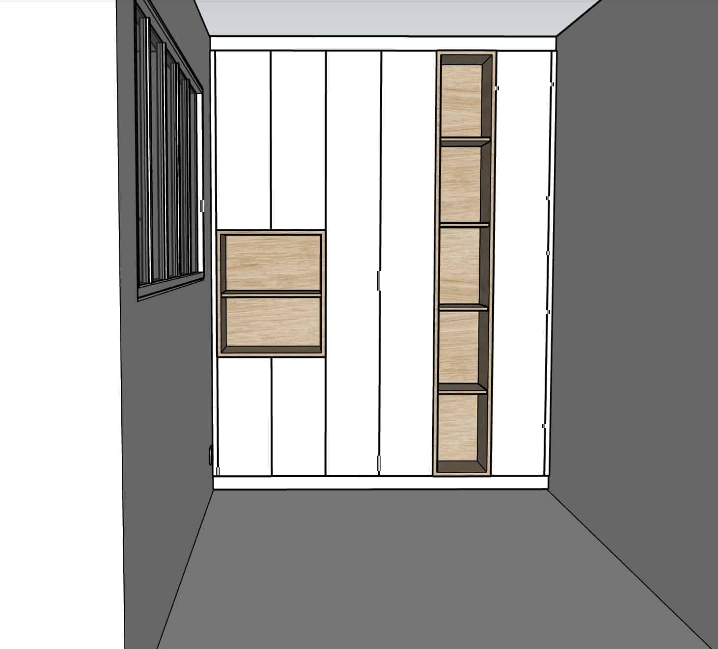 Rendu 3D d'un mur blanc avec étagères encastrées en bois, niche verticale et carrée dans une pièce grise moderne.