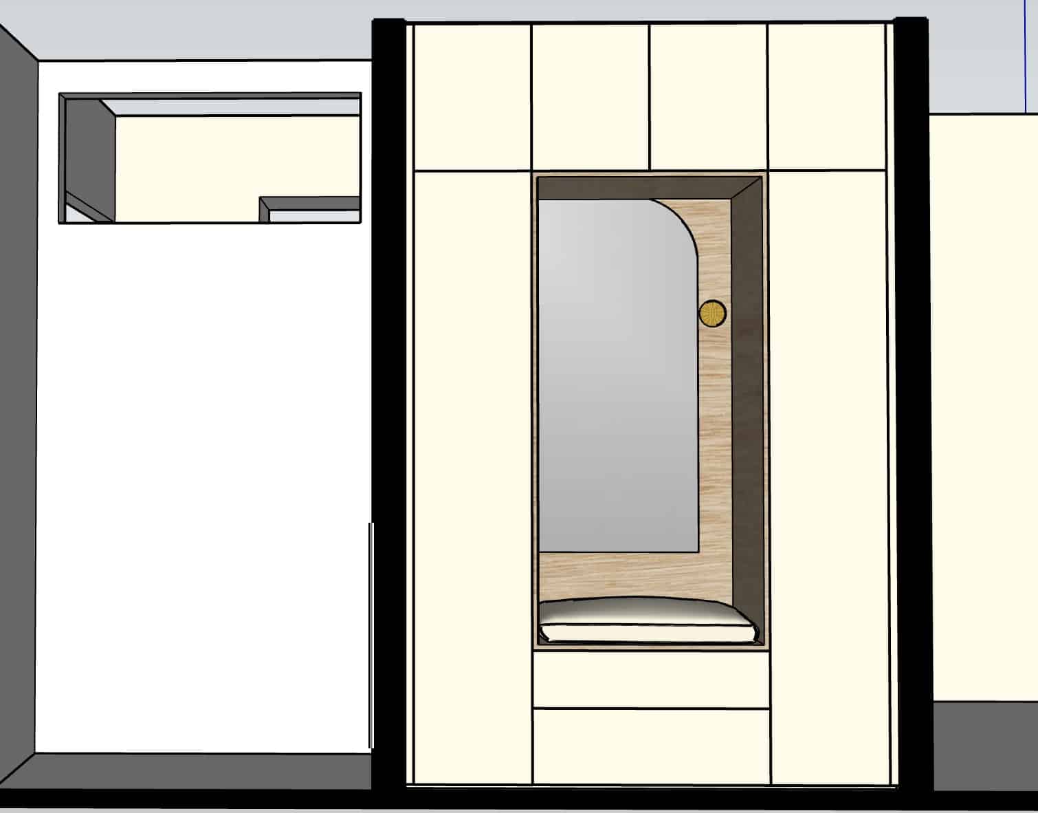 Meuble d'entrée sur mesure blanc et bois avec miroir cintré, assise intégrée et rangements muraux élégants.